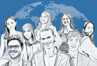 Esma Abib, Roshni Bhat, Ann Yancey Bassett, Yilan Batista, Leo Deener, Lora Kusaku, Adam Lazarus, and Leo Westgard are eight of 14 Tufts alumni who were selected to the Fulbright U.S. Student program for the 2025–2026 cycle. Illustration: Momo Shinzawa