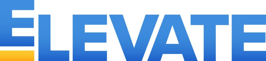 ELEVATE wordmark with capital letters in blue font and the first E raised above a yellow bar