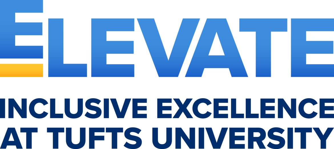 Elevate wordmark in blue capital letters with first e raised above a yellow line following by the text "inclusive excellence at Tufts University"